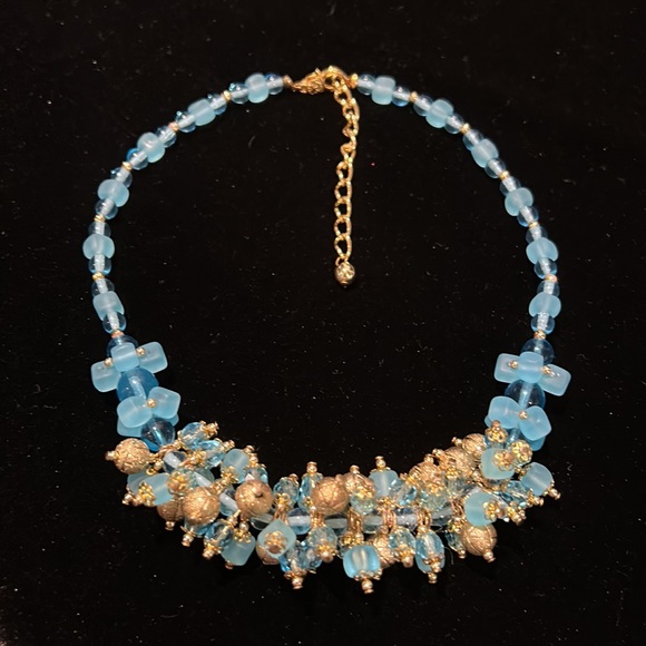 #19 Vintage Blue & Gold Choker Necklace Assorted Beads w Gold Accent - Picture 1 of 8